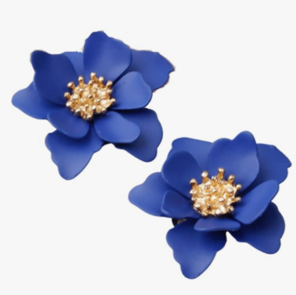 Blue Flower Blossom Earrings 3D Flowers Feminine Floral Posts Summer Botanical